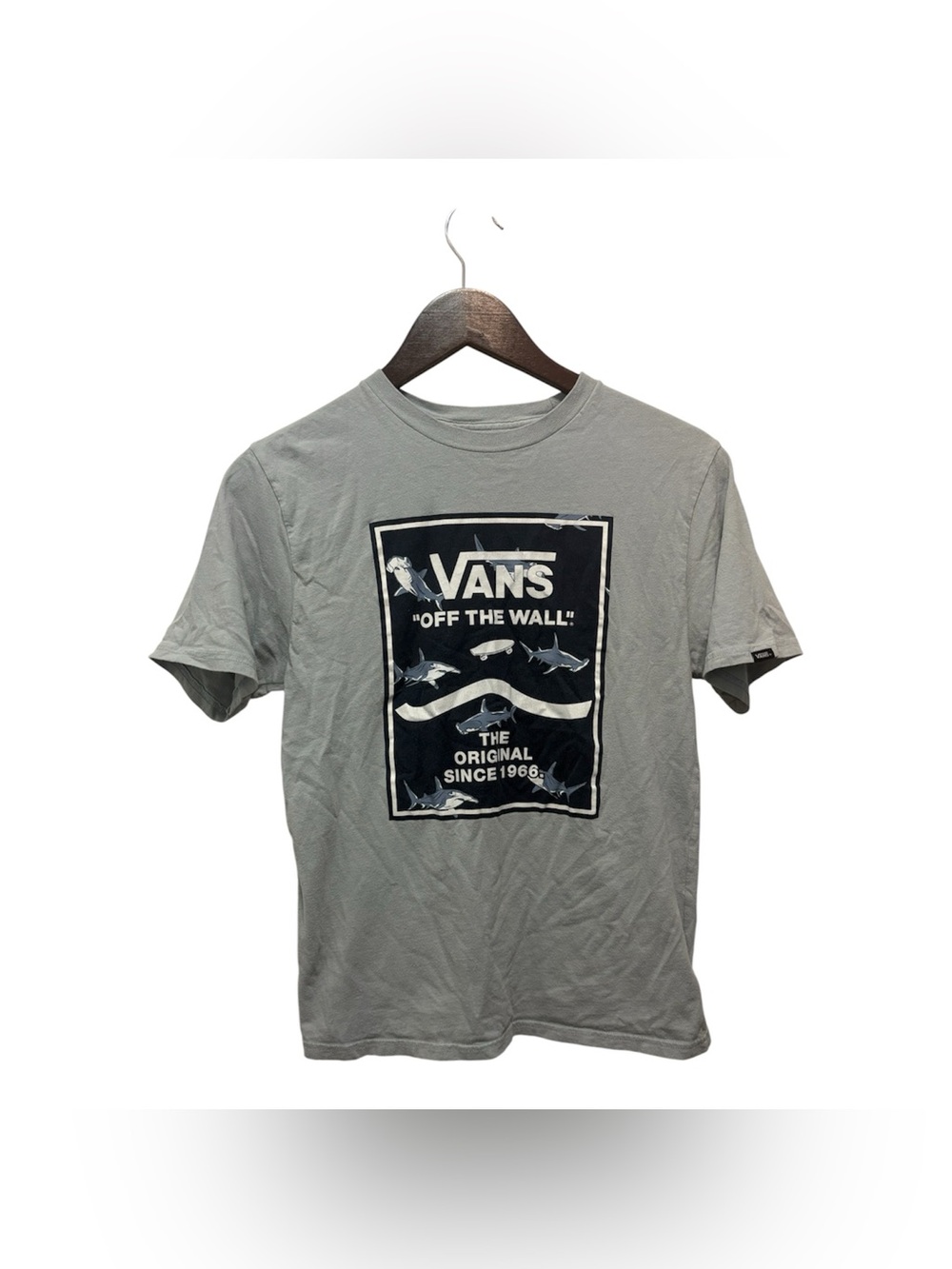 Vans Off the Wall Kids 14/16 Light Gray Short Sleeve Tee with Navy Shark Graphic